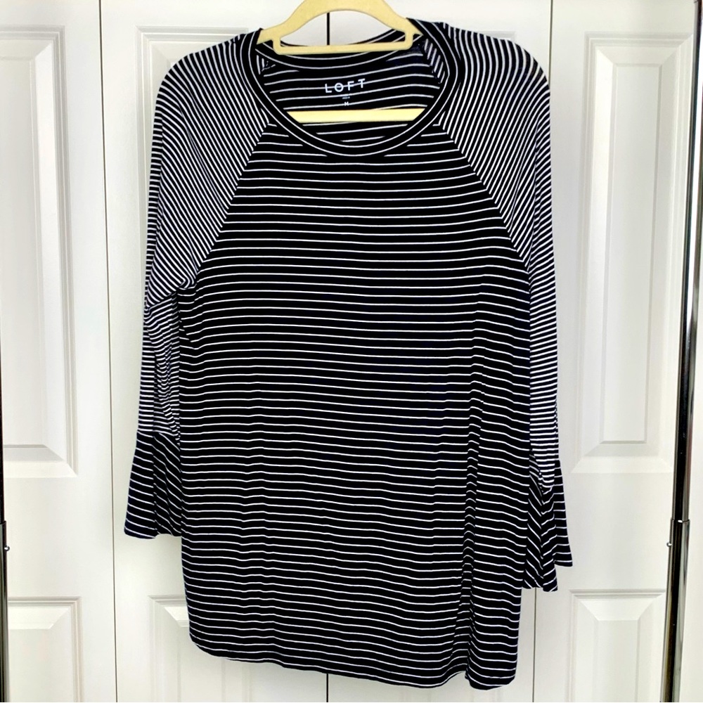 LOFT Scoop Neck Black and White Striped T-Shirt